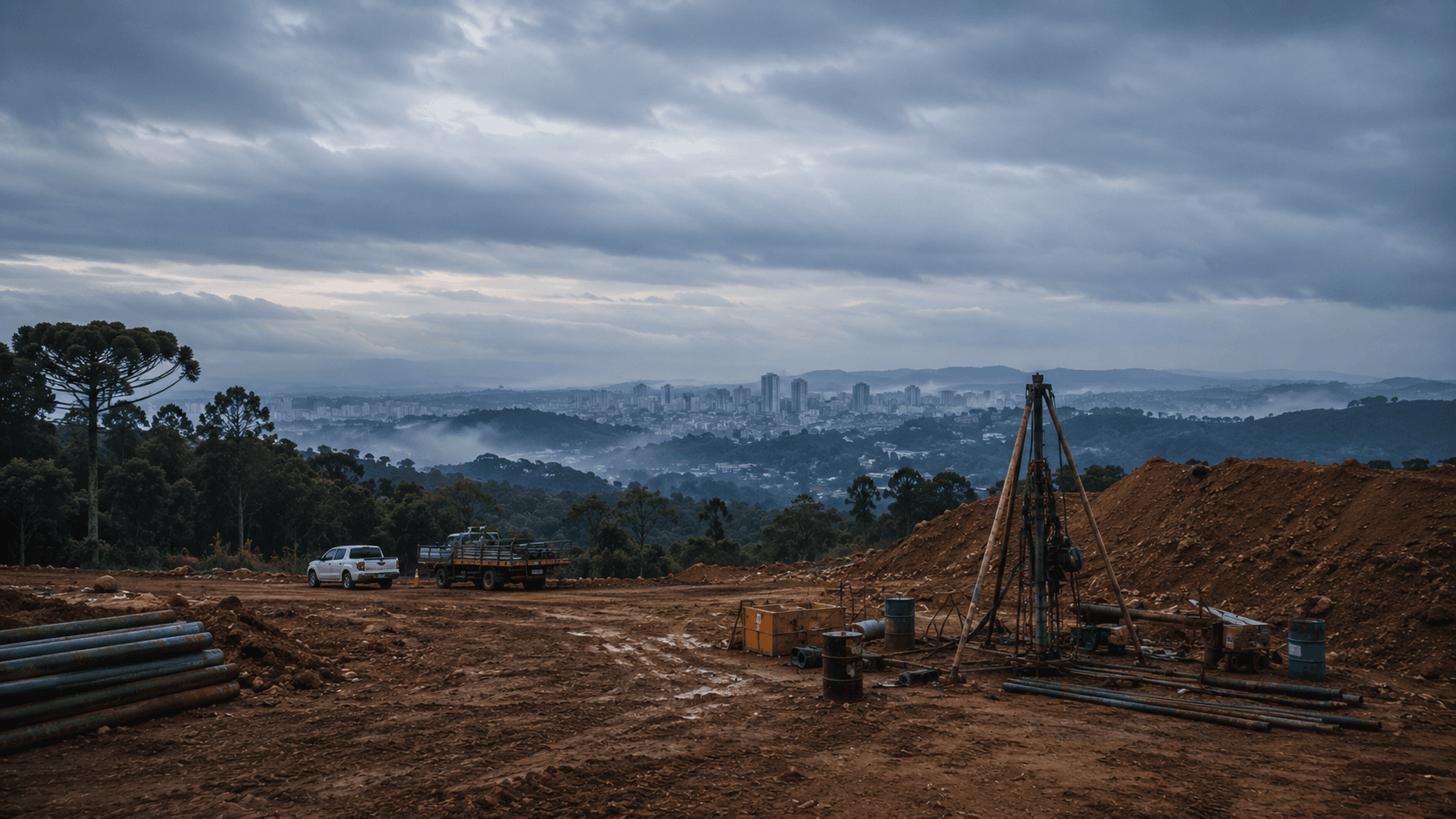 Ilustração topográfica de um canteiro de obras com equipamento de sondagem ao fundo
